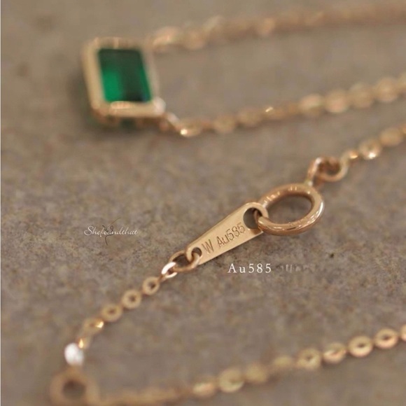 14k Solid Gold Dainty Emerald Charm Necklace - Picture 8 of 8